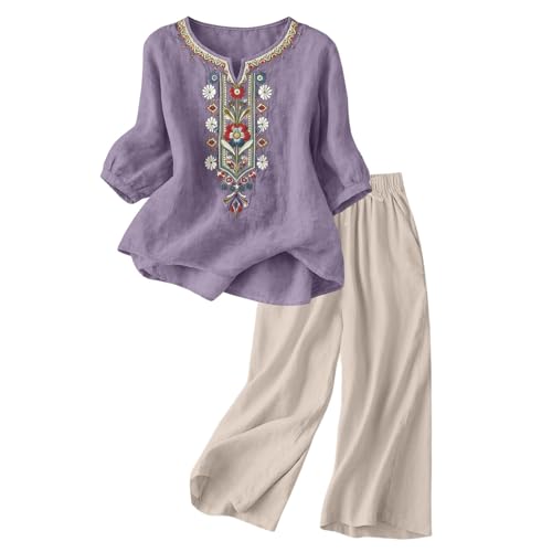 Ensemble de sport femme décontracté en lin mélangé avec haut brodé et pantalon large d'été