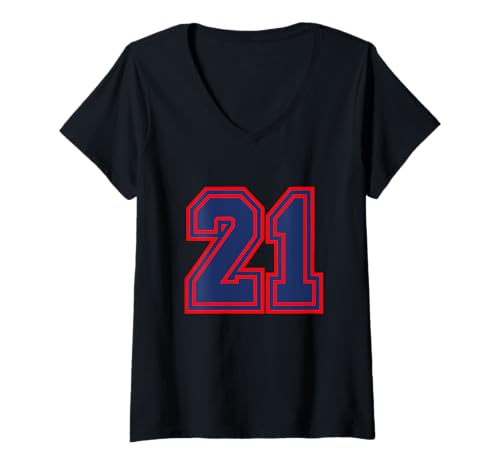 Mujer Número 21 Deporte Azul Rojo Número universitario Camiseta Cuello V