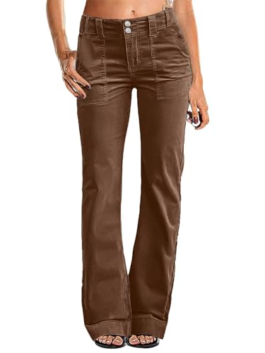 Flamingals Women's Wide Leg Pants for Women Mid Waist Dress Flare Straight Leg Corduroy Pants Work 31' Inseam Trouser Coffee M