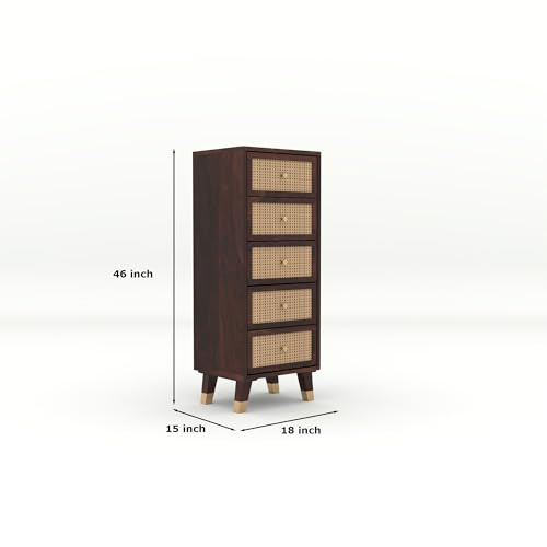 Image of Solid Sheesham Wood 5 Drawer Chest | Rosewood Chest of Drawers with Cane Front | Tall Storage Cabinet for Bedroom & Living Room (Walnut Finish)