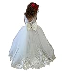 White Dress Formal for Girls Embroidery Princess Dress First Communion Tulle Ball Gown Dresses for Girls Cinderella Prom Dress Long Sleeves with Sweep Train Pageant Dresses for Girls 7-16,White 8