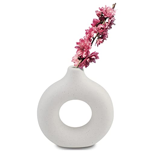 Jarrón Forma jarrón de cerámica etmury, Redondo, cerámica, con Agujero en el Centro, 13 x 14 cm, jarrones Decorativos, Color Blanco, salón, Moderno, Estilo Bohemio, decoración para Hierba de Pampas Cover