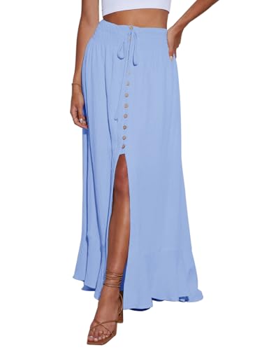 Image of Minclouse Women's Elastic Tie Waist Button Down Maxi Skirts Casual Loose Flowy Swing Slit Front Dress