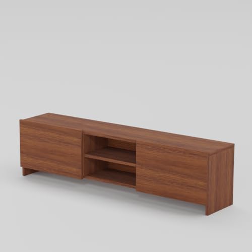 Image of Modern Living Room TV Stand with Open Display Compartment, Dual Side Storage Units, and Clean Contemporary Design for Home Decor | Assembly-DIY | Color-Cherry Pine