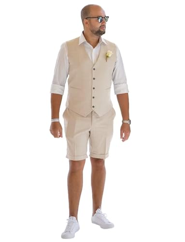 Mens Linen Vest Set Shorts 2025 Fashion Beach Wedding Suits 2 Pieces Outfits Formal Waistcoat Set For Men JXZ025