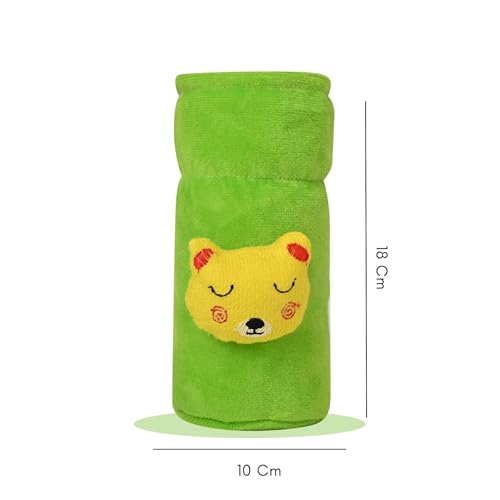 Image of Soft Plush Stretchable Baby Feeding Bottle Cover Easy to Hold Strap with Cute Animated Cartoon| Suitable for 60-125 Ml Feeding Bottle (Cream-Green)