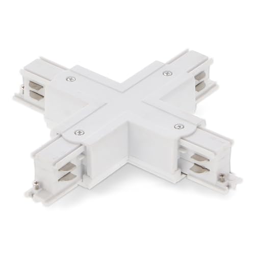 PRENDELUZ Conector tipo X para carril trifásico, ideal para sistemas de iluminación y distribución eléctrica en entornos comerciales.