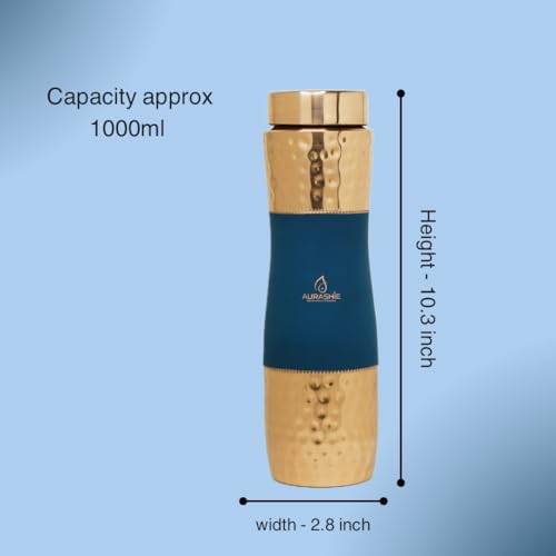 Image of Pure Copper Water Bottle 1 Litre | BPA Free & Leak Proof | Copper-Infused Water | Durable & Rust Proof | Ayurveda Health Benefits - Hammered Finish (Blue Grip Sleeve)