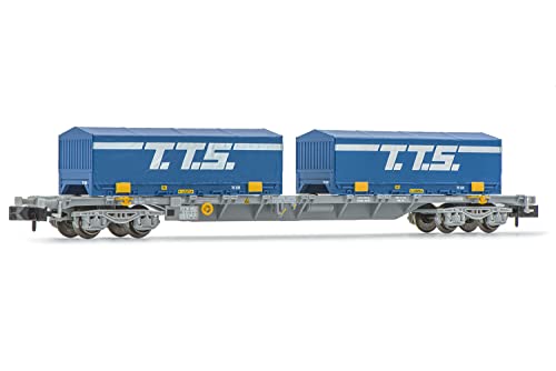 SNCF 60-Fuß-Containerwagen, 4 Achsen, Novatrans Sgss, grau, mit 2 x 22-Fuß-Container „T.T.S.“, Epoche V
