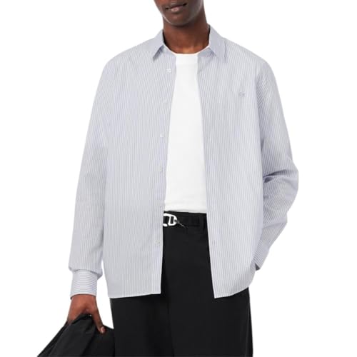 Lacoste Men's Regular Fit Striped Poplin Shirt, White, Overview, & Navy Blue, 18