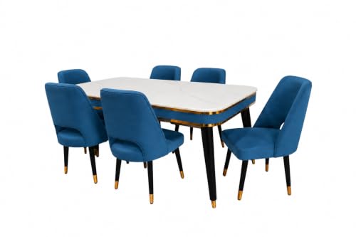 Image of WOODEN SPACE 6-Seater Wooden Dining Table Set | Nano Composite Marble Top | Solid Wood Base | Modern Dining Room Furniture with 6 Chairs (Vintage Blue)