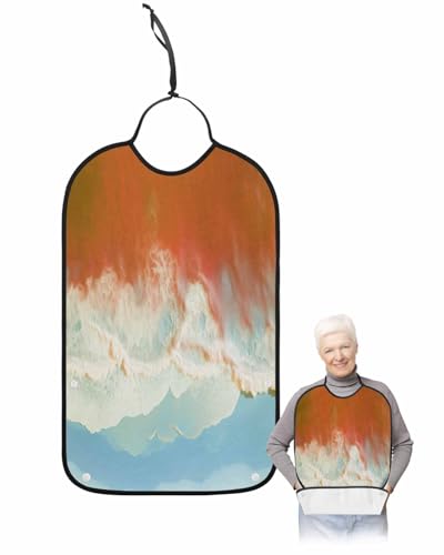LEOKOTI Orange Coastal Adult Bibs for Eating, Waterproof Bibs with Food Catcher & Adjustable Snap Closure, Summer Beach Seaside Ocean Nautical Washable Clothing Protectors Adult Bibs for Elderly