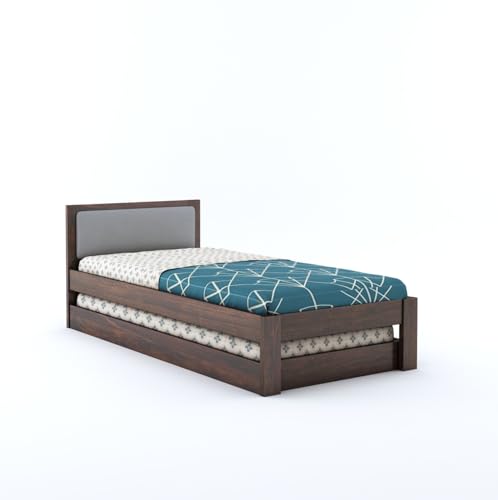 RJ ART Wooden Single Trundle Bed | Single Bed with 1 Extra Pullout Bed | Wooden Single Bed Cot Palang with Upholstered Headboard for Bedroom, Living Room & Home, Solid Sheesham Wood, Walnut Finish