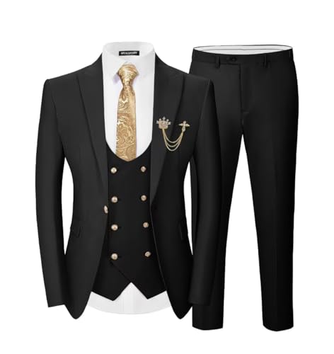 SPTALLFITJSV Men's 3 Piece Suits Slim Fit, Blazer Double Breasted Vest and Pants, Wedding Prom Business Suit with Gold Button