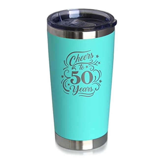 Bevvee Cheers to 50 Years - Insulated Coffee Tumbler Cup with Sliding Lid - Stainless Steel Insulated Mug - Gift for 50th Anniversary - Teal