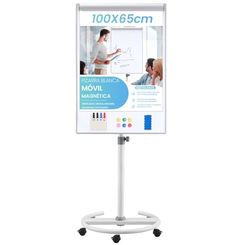 S SWANCROWN Pizarra Blanca Móvil Magnética 100x65cm,Altura Ajustable Marco de Aluminio,Pizarra Magnética con Ruedas,para Oficina y Aula