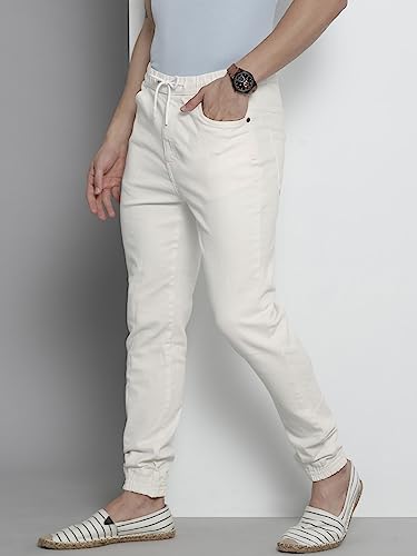 Image of The Indian Garage Co Men Slim Fit Solid Mid-Rise Stretchable Denim Joggers