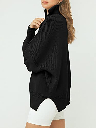 Image of ANRABESS Womens Oversized Quarter Zip Pullover Sweaters | Fall Fashion Outfits, Long Sleeve Slit Side, Baggy Loose Fit, 1 /4 Zip Lapel Collared, Ribbed Knit Soft Warm Winter Clothing