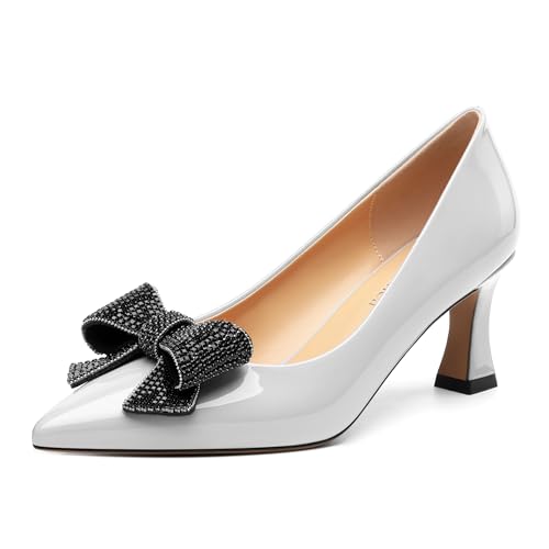 Image of Heels for Women Closed Patent Pointed Toe Bow Pumps Slip on Kitten Low Heels Wedding Party Dress Office Shoes 2.5Inch