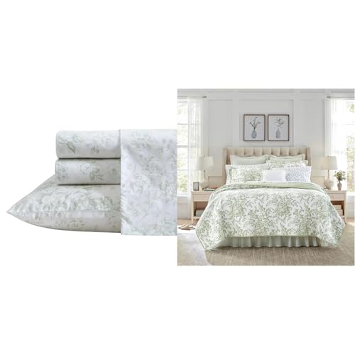 Image of Laura Ashley - Twin Bedding Bundle, Reversible Comforter with Matching Sham & Cotton Percale Sheet Set, Deep Pocket, Dorm Essentials (Green /White)