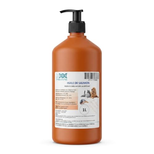 1L Huile de Saumon 100% Naturelle pour Chiens, Chats et Chevaux, Riche en Oméga 3-6-9 et Vitamine (1000ml)