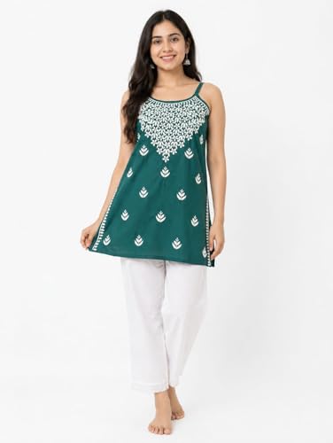 Image of Women's Chikankari Rayon Top Sleeveless Strappy Kurti | Embroidered A-Line Tunic for Women | Summer Ethnic Casual Wear Top with Spaghetti Straps