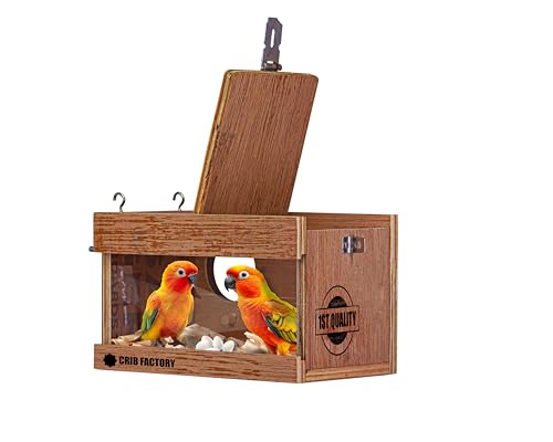 Image of CRIBFACTORY African Lovebird Nesting Box | Bird Breeding Box 10x6x6 | Wooden Cage Nest | Glass Window Without Slider | Safe Non-Toxic | Easy to Mount | Aviary Nesting Box