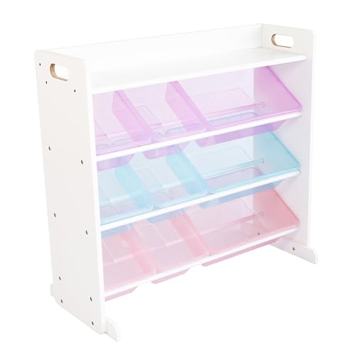 Image of Humble Crew Toy Storage Organizer with Top Shelf and 9 Removable Bins, White/Purple/Pink/Blue – Toddler Bookshelf with Toy Organizer - Modern Toy Rack Ideal for Kids' Rooms, Playrooms, and Nurseries
