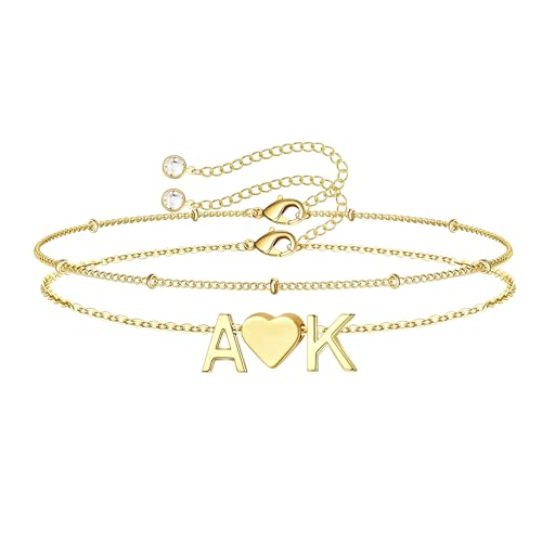 Turandoss 2 Initial Bracelets for Women Trendy – Personalized Heart Two Initial AK Charm, Dainty14K-Gold-Plated Layered Jewelry, Birthday Gifts for Women