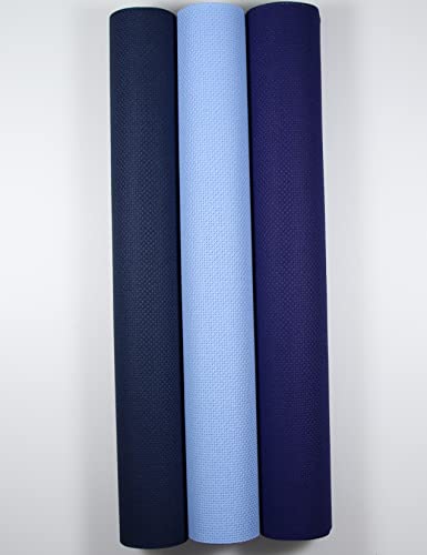 Image of KCS 3 pc of 15 inch x 18 inch Counted Cross Stitch Cotton Aida Cloth Needlework Rolled Fabric Box,14CT,Light Blue+Royal Blue+Navy Blue