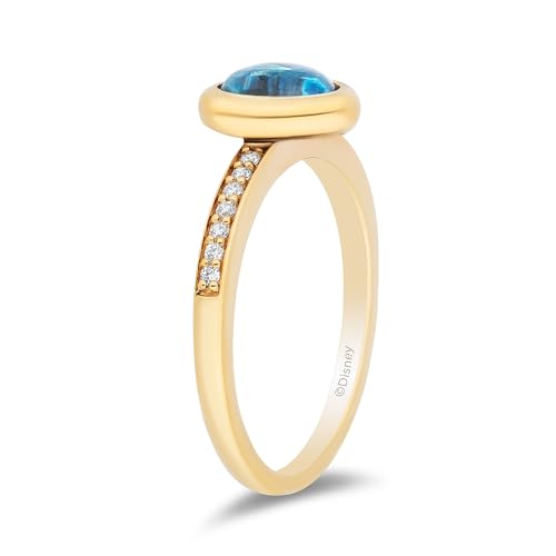 Jewelili Enchanted Disney Fine Jewelry 14K Yellow Gold over Sterling Silver with 1/10 CTTW Diamonds and Swiss Blue Topaz Jasmine Ring, Size 83