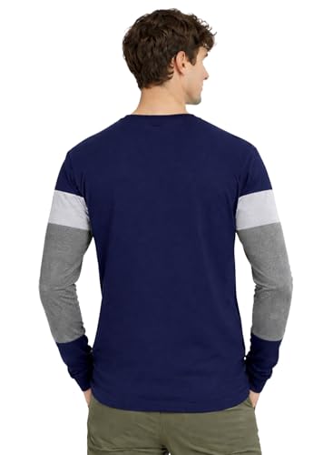 Image of ADRO Men's Full Sleeve T-Shirt Navy Grey Colorblock | Cotton Round Neck Casual Tshirt | Regular Fit Stylish T Shirt