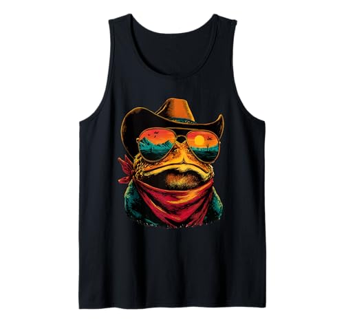 Sapo Colorido con Gafas de Sol Vaquero Animal Puesta de Sol Occidental Camiseta sin Mangas