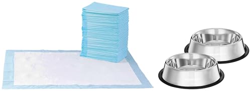 Image of AmazonBasics Pet Training Pads Extra-Large - 60 Pieces & Amazon Basics Pet Feeding Bowl 700 ml (Set of 2)