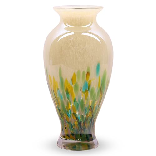 Jarrón de vidrio soplado a mano alto, hermoso jarrón verde de boca ancha para centro de mesa, jarrones de flores coloridos pintados de Murano para entrada del hogar