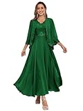 JIIL Große Größen Festliche Damenmode,Damen Lang Brautmutterkleider Jacke Zweiteilig Hochzeit Elegant Abendkleider Spitzen Chiffon Pailletten Kleid Dunkler Ozean 56