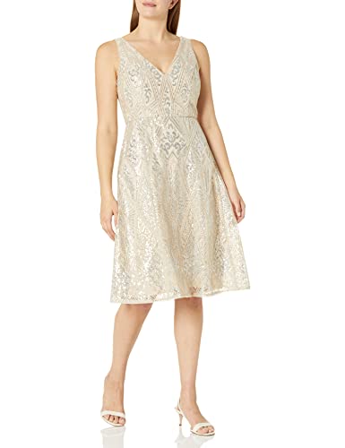 Adrianna Papell Women s GEO Sequin FIT Flare Dress, Alabaster, 4
