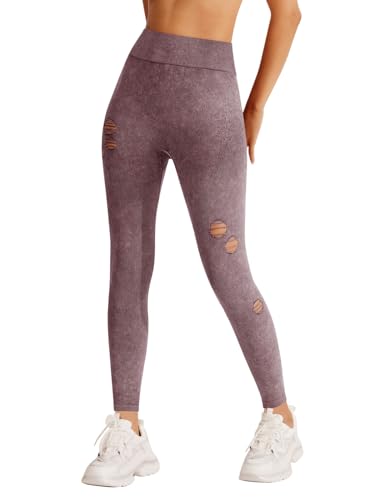 REORIA Calça legging feminina rasgada tie dye cintura alta para ioga sem costura 2024 coleção de des