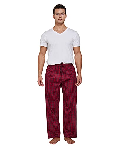 Yinc Men's Woven Sleep Pajama Pant Poplin Lounge Pants With Pockets,Black Red Check,Medium #TOP4