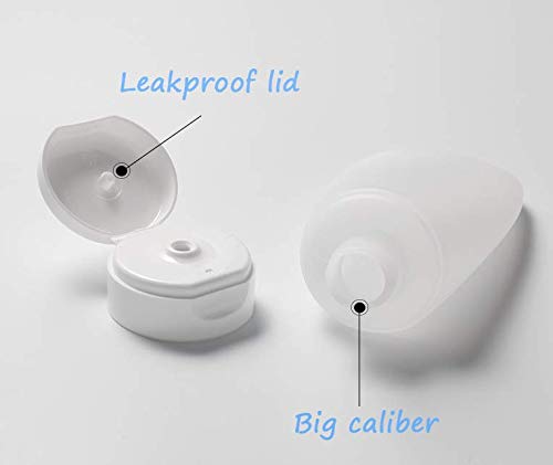 Close-up of the flip cap and wide opening of the squeeze tube, with labels pointing to 'Leakproof lid' and 'Big caliber'.