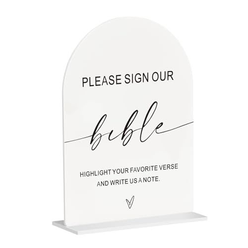 Please Sign Our Bible Acrylic Wedding Sign – 6"x8" Arch Sign with Base Calligraphy Table Sign for Guest Book, Ceremony Reception Decor