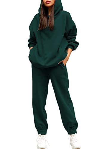 Linsery 2 Piece Hooeded Tracksuit for Women Hoodies Pullover with Pants Sweatsuit Matching Casual Set Dark Green M