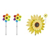 Relaxdays Windrad Blume, 2er Set & Windrad Blume, Deko Sonnenblume, für Kinder, für Balkon, Terrasse und Garten, Gartenstecker, 70 cm hoch, gelb