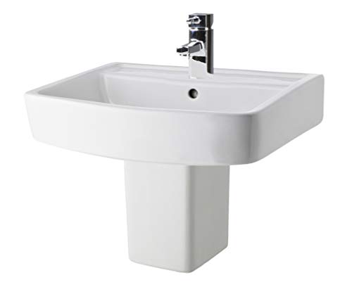 Balterley 520mm Bathroom Sink, Semi Pedestal Ceramic Square Bowl Bathroom Wash Basin Sink with Overflow, 1 Tap Hole, Wall Mounted Basin Sinks for Cloakroom - 520 x 420 x 450mm (White)