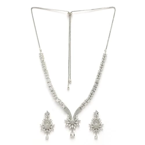 Image of ZENEME Rhodium Plated Brass Silver Toned Floral & Tear Drop Blue Crystal American Diamond Necklace With Earring Jewellery Set For Women