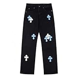 Men's Loose Fit Denim Pants, Elastic Waist Straight Leg Casual Jeans, Hip Hop Baggy Wide Leg Trousers with Patch Design Black