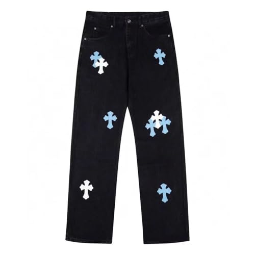 Men's Loose Fit Denim Pants, Elastic Waist Straight Leg Casual Jeans, Hip Hop Baggy Wide Leg Trousers with Patch Design
