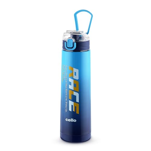 Image of CELLO Puro Steel-X Race Insulated Water Bottle for Daily Use 900 ml Blue | Stylish Colorful Easy Press Open Leak Proof Inner Steel Insulated Water Bottle for School, College, Travel, Biking & Office