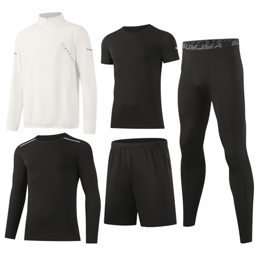 BUYJYA 5Pcs Men's T Shirts Workout Long Sleeve Athletic Zip Pocket Shorts Jackets Compression Pants Gym Clothes Running Basketball Football Gear