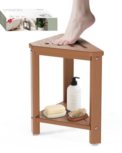 Teak Shower Foot Rest 15in HDPE Waterproof Shower Stool for Inside Shower Corner Shower Stool for Shaving Legs with Storage Shelf for Small Space Shower Step Stool Plastic Corner Shower Bench